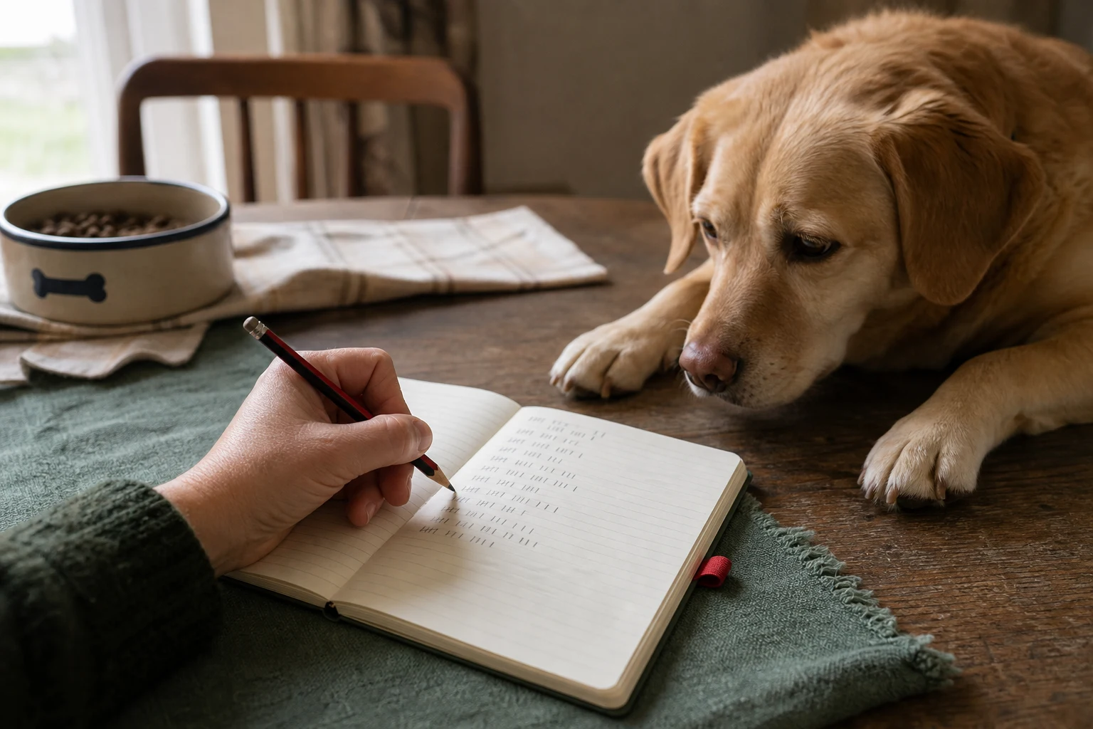 An owner recording a dog's food and symptoms in a notebook while the dog rests nearby