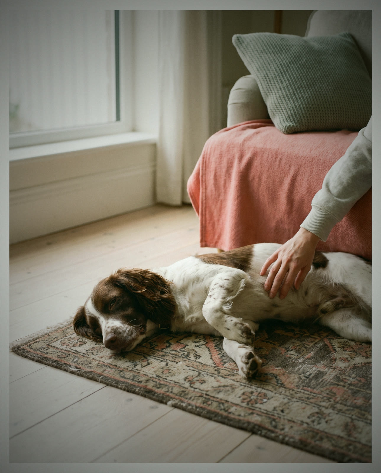 A spaniel curled on a rug with its owner's hand resting gently on its stomach