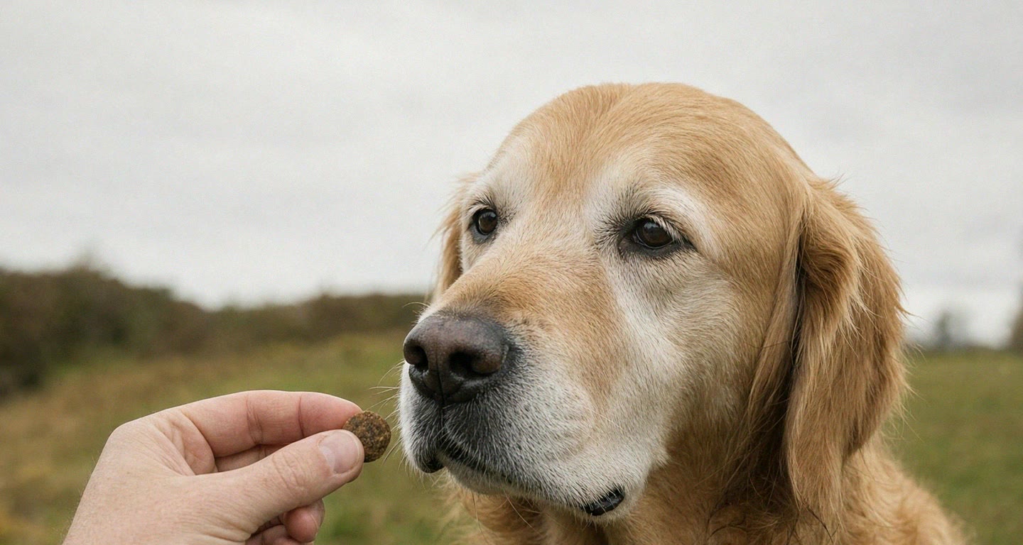 A hand offering a single treat to a golden retriever
